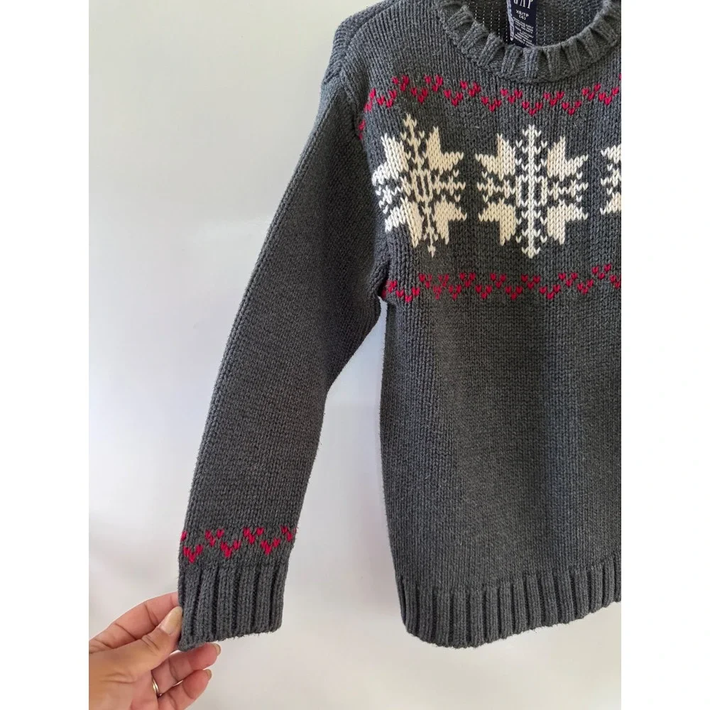 Gap Kids Fair Isle Sweater Gray Cotton Snowflake Knit Pullover Youth XS 4 Y2K